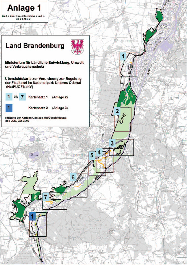 Anlage 1: Übersichtskarte zur Verordnung zur Regelung der Fischerei im Nationalpark „Unteres Odertal“ zu § 4 Abs. 1 Nr. 4 Buchstabe a und b, zu § 4 Abs. 2 