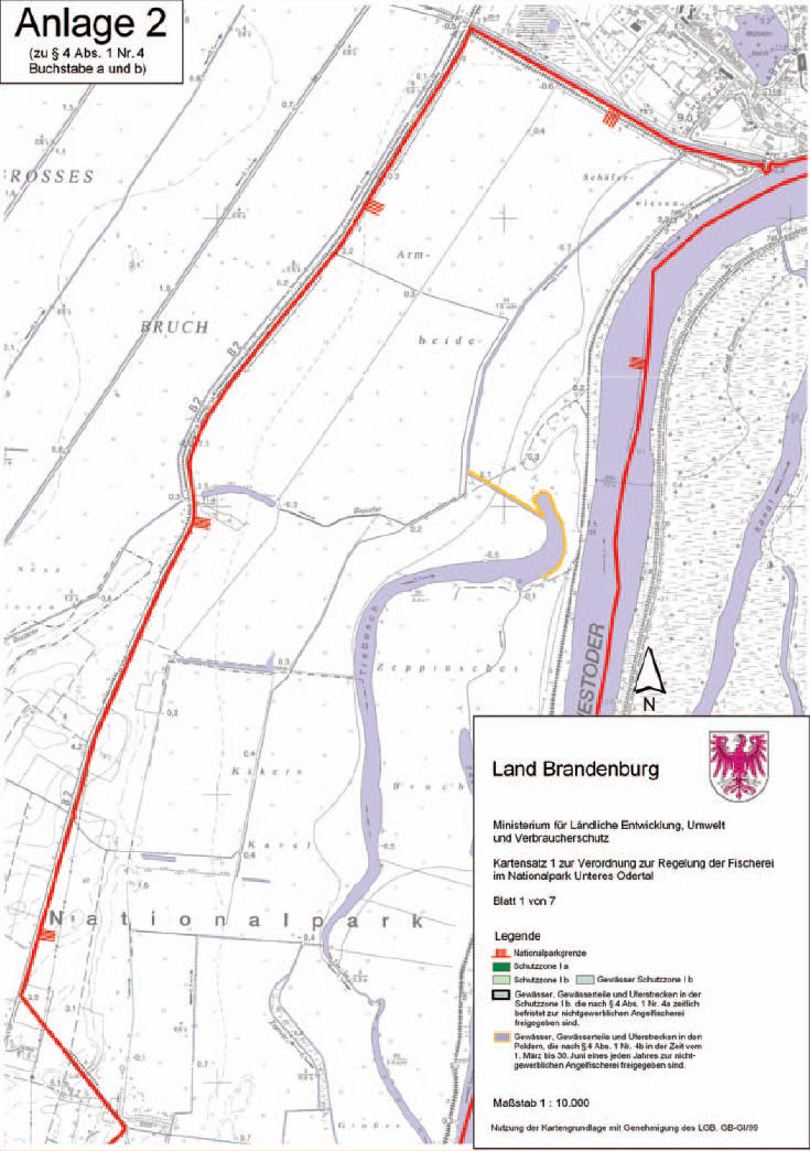 Anlage 2: Kartensatz 1 zur Verordnung zur Regelung der Fischerei im Nationalpark „Unteres Odertal“ zu § 4 Abs. 1 Nr. 4 Buchstabe a und b (Blatt 1)